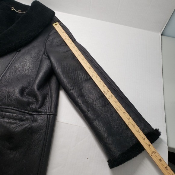 Vintage Patmos Long Leather Shearling Coat Womens Large Black Trench Full Length - Picture 8 of 16